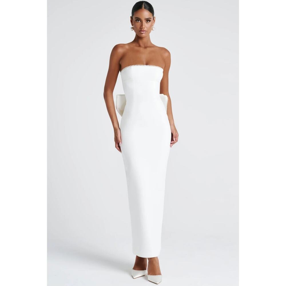 NWT Babyboo Magnolia Ivory White Pearl Beaded Strapless Maxi Gown Small